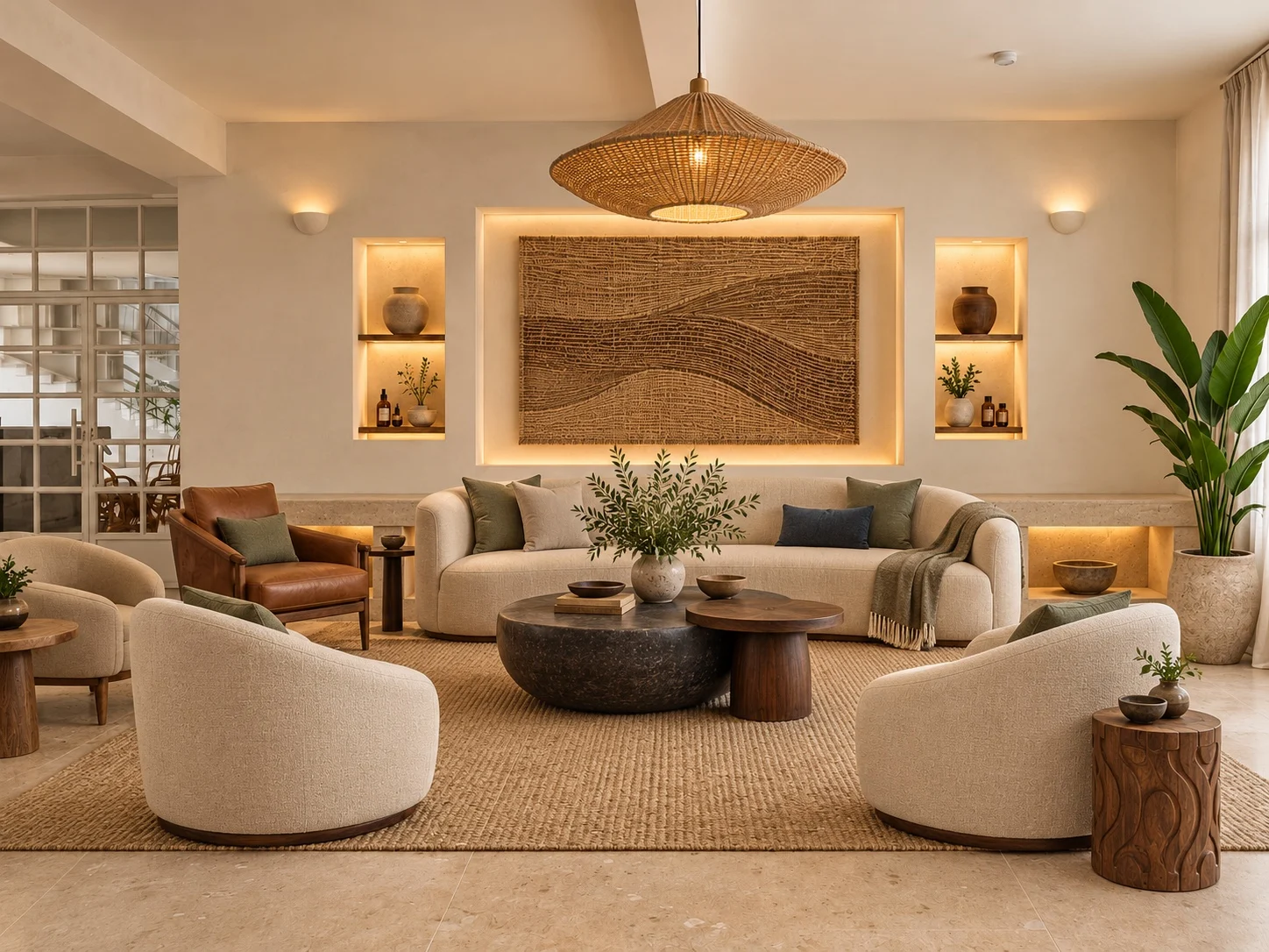 a relaxed lounge with woven furnishings