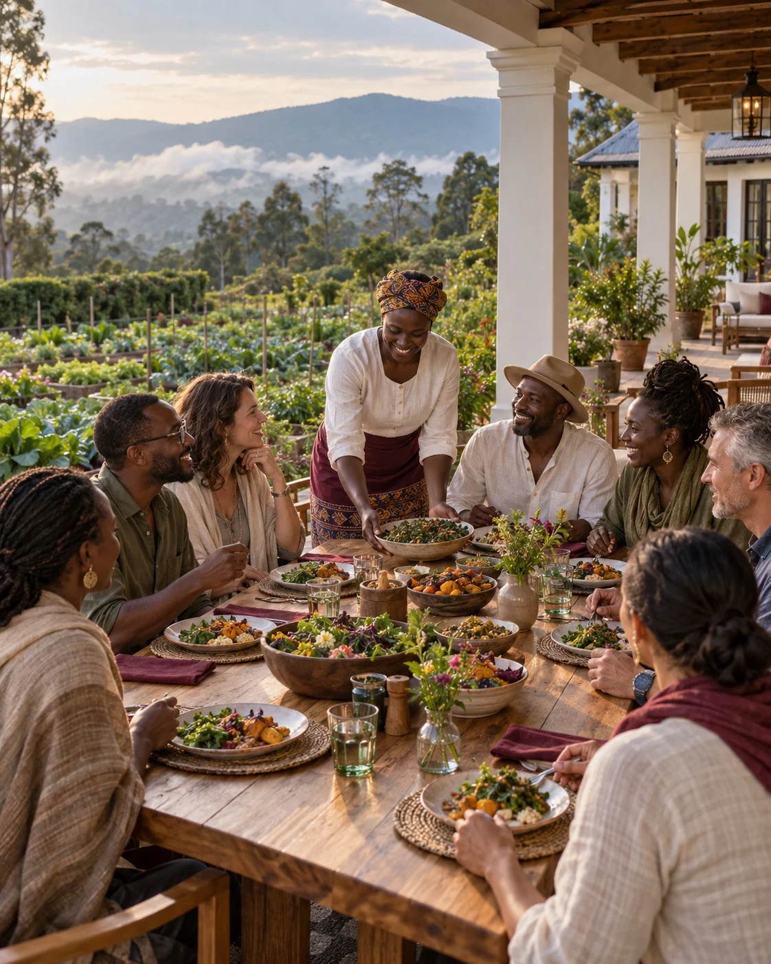 residents sharing a meal with a countryside view